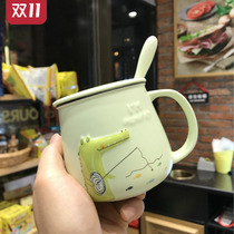Childrens water Cup household ceramic with lid anti-Fall Cup female creative cute childrens Milk Cup with lid spoon L