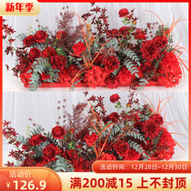 New wedding row flower red flower row red grass grass row flower table flower wedding hall banquet layout background flower art