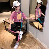 Korean girls fashion set 2021 summer new mid-big childrens cotton casual sports short sleeve two-piece set trend