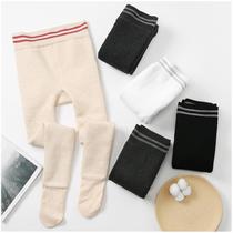 Vertical pattern girl leggings plus velvet thickened thread childrens pantyhose autumn and winter oats white and light