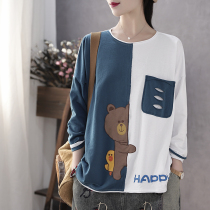 Han Suoyi retro art early spring autumn new patch embroidery bear loose size jacket long sleeve T-shirt women