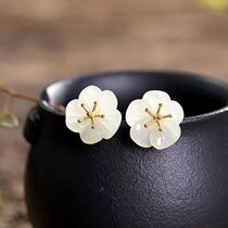 Xisu original earrings handmade carved natural Hetian Jade plum gilded stamen pure silver simple Chinese ear jewelry