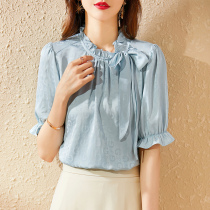 Advanced Satin Texture Printed Chiffon Shirt Women 2021 Summer New Temperament Short Sleeve Shine Top