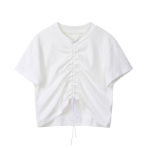 Huang not annoying niche design sense wrinkled drawstring white T-shirt female 2021 summer new vneck jacket