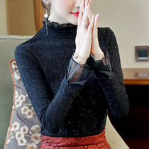 Spring lace fungus edge bright silk semi-turtleneck Latin dance modern long-sleeved blouse thin dance practice clothing