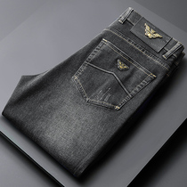 Light extravagant high-end European goods wash water retro elastic grey jeans Mens autumn and winter workout small straight drum mens casual pants