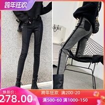 European station jeans womens fashion stitching high waist tight slim pants autumn and winter plus velvet nine points pencil pants tide