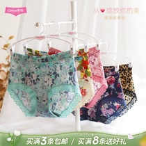 4 color fields ladies printed ice silk briefs female antibacterial cotton crotch Sexy lace No marks in the middle waist flat angle pants