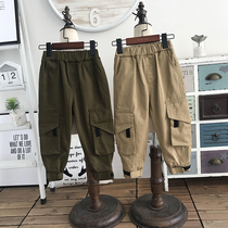 (Childrens products)Korean childrens spring 2020 large pocket velcro leg overalls cool handsome casual pants