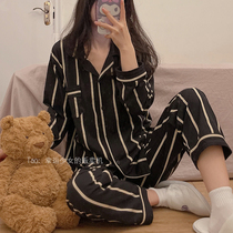 Ins simple cold wind ~ blogger with Japanese pajamas women spring and autumn cotton suit striped couples home clothing