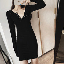  sandro moscoloni long-sleeved dress slim and thin 2021 spring and autumn new Korean black bottoming skirt