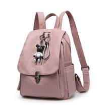 European station backpack womens summer pink leather bag lock buckle anti-theft backpack trend fashion schoolbag hanging bear bear