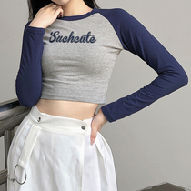 H home European and American style handsome street color shoulder shoulder sleeve tight round neck T-shirt female Joker letter short style