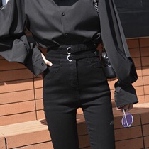 Autumn and winter high-waisted black nine-point denim trousers womens tight-fitting pencil pants show thin high elasticity small feet long pants tide