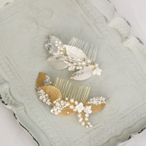 Original design rhinestone leaf pearl hair comb Bridal Pearl Flower high-end photography headdress Czech Diamond flashing hair ornaments