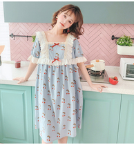 Korean version pyjamas female summer short sleeves lace cherry pure cotton sweet and beautiful sleeping dress loose and thin and cute teenage girls home clothes