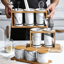 Japanese marbled ceramic seasoning jar Seasoning jar Household set combination Kitchen oil salt jar Seasoning box Bottle jar