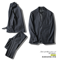 High-end quality mens classic striped pure wool autumn and winter mens business casual suit set three-piece set