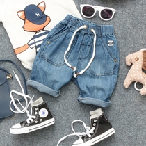 Summer new childrens big pocket denim pants boys baby pants label denim shorts versatile