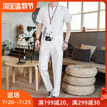 Linen suit Mens Chinese style short-sleeved T-shirt Panda embroidery cotton and linen two-piece set st half sleeve large size ancient Hanfu