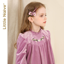 LittleNaive winter New dress girl embroidered velvet dress sweet retro childrens dress children