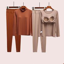 Autumn and winter pajamas women with chest pad long sleeve set plus velvet padded warm underwear no-wear bra one-piece base shirt