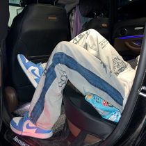 chic tide card jeans male Korean version loose fashion tugging long pants 2022 new personality printed straight drum pants