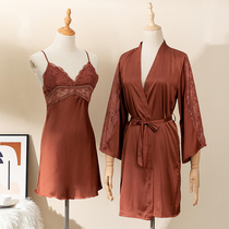 Sleepwear lady Spring Summer thin section Ice Silk sleeping dress Two sets Sexy Hollowed-out with Chest Cushion Harnesses home Gun