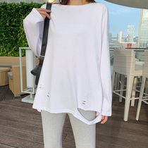 Spring and Autumn New White T-shirt Women Long Sleeve Loose Long Joker Cotton Round Neck Break base shirt Top Tide