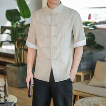 China Wind disc buckle Down with linen short sleeve shirt thin section white loose mens stand cotton linen Chinese style tea suit