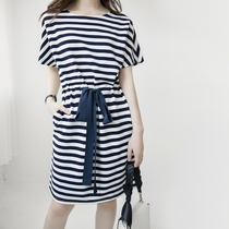 Blue and white striped dress female 2021 new summer temperament lace-up waist bow short-sleeved loose round neck skirt