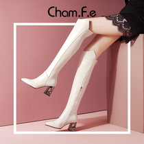 All cowhide knee-high boots Women winter leather thick-heeled rhinestone Rider Boots high-heeled beige long boots 271J