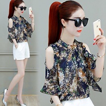 Super fairy coat womens chiffon shirt thin 2021 new summer leak shoulder flared floral womens shirt