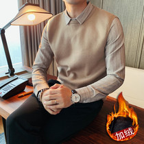 Plus velvet padded winter vest shirt fake two knitwear sweater sweater trend Korean version inside base shirt sweater