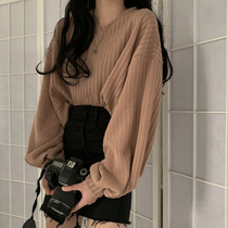 Korean vintage sweater women lazy wind V collar short long sleeve top Joker wear sweater women loose coat