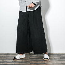 Spring and Autumn Chinese style mens Harlem pants large size linen pants loose ethnic cotton linen wide leg pants tea clothing repair Zen pants