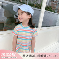 Yang Mejia Childrens Clothing 2022 Summer Dress New Girl Stripe Crash Color T-shirt Children 100 Hitch Lotus Leaf Side Blouse