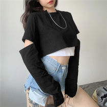 Autumn Street black and white contrast color sleeve hollow design sense long sleeve T-shirt fake two loose jumper coat tide