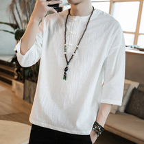 Summer Chinese style retro summer linen plate buckle short-sleeved T-shirt loose large size cotton and linen seven-point sleeve T-shirt thin section