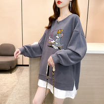 Fat plus size pregnant women autumn fashion belly loose clothes fat MM200 kg Korean version of thin fake two-piece set