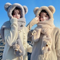 Winter plush-sustaining glove scarf hat three-piece set of girl cute cartoon plush bear glove hat one