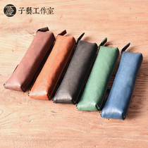 Ziyi] Retro solid color leather Apple stylus protective cover head layer cowhide portable leather mini pen pocket