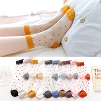 Glass Ice Silk Socks Children Summer Middle Cylinder Casual Breathable Crystal Cotton Bottom Large Yard Ultra Slim Lace Black Bright College Wind