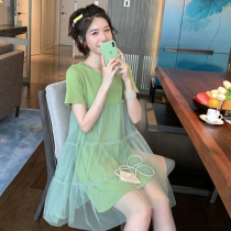 Maternity dress 2022 new summer foreign style cotton stitching mesh short-sleeved super fairy fairy A-line dress