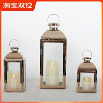 Wind lamp stainless steel Candlestick golden glass lantern candle windproof lamp outdoor light luxury ornaments silver decoration romantic