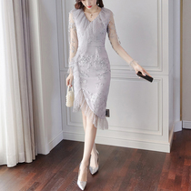 Japanese women's 2021 new summer waist fairy dress sexy temperament fashion irregular wave point lace dress