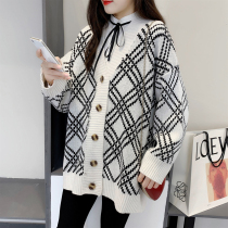 Fat plus size plus size pregnant women sweater cardigan jacket fashion foreign style knitted plaid loose medium length 200 Jin tide