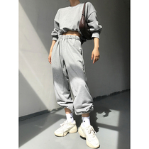 ACUP spring European and American gray casual tie pants womens ins tide loose slim closing pants straight sports pants