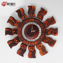 New Chinese wood carved wall pendant wall decoration wall-mounted sun round clock hanging bell peach wood engraving decoration handicraft