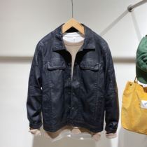 2021 autumn new mens pure black casual short leather jacket loose trend Korean version of simple leather jacket